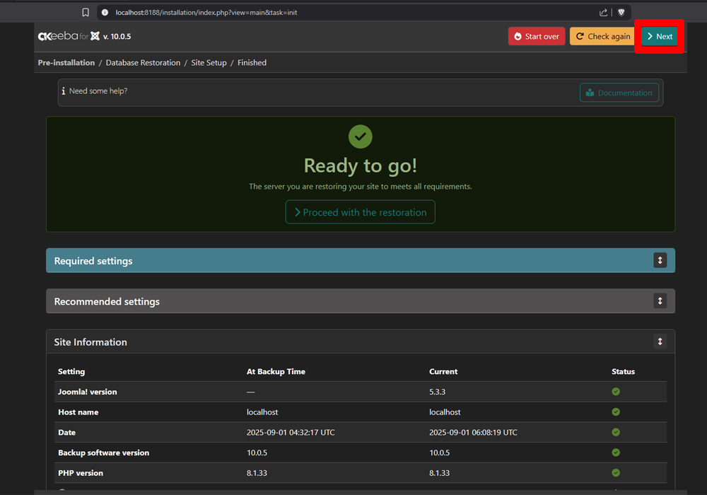 Akeeba Backup Start zum Wiederherstellen