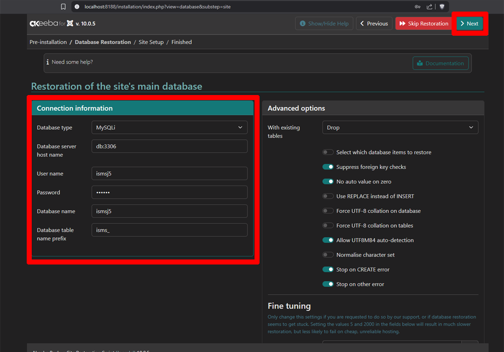 Akeeba Backup DB Zugangsdaten