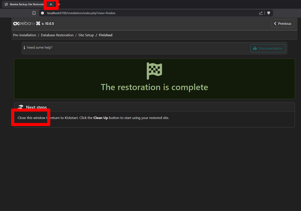 Akeeba Backup Close Window