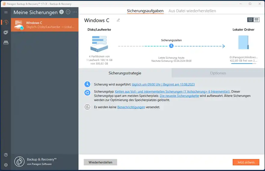 Nach dem Start von Paragon Backup