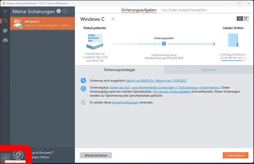 Paragon Backup Einstellungen anklicken
