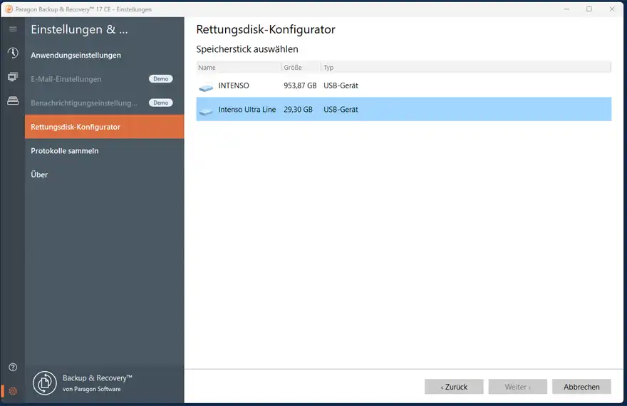 Paragon USB Stick fuer Rettungsumgebung waehlen