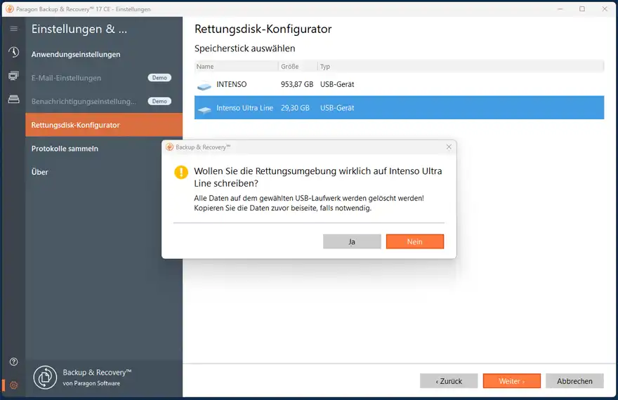 Abfrage von Paragon Backup Stick waehlen