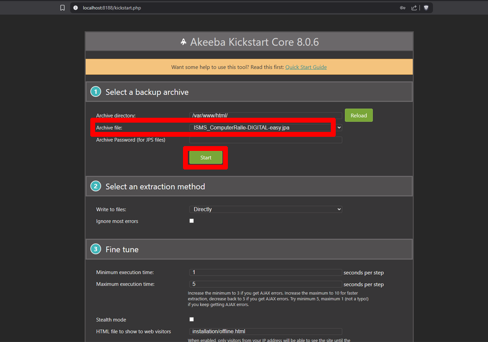 Akeeba Backup Archiv auswaehlen